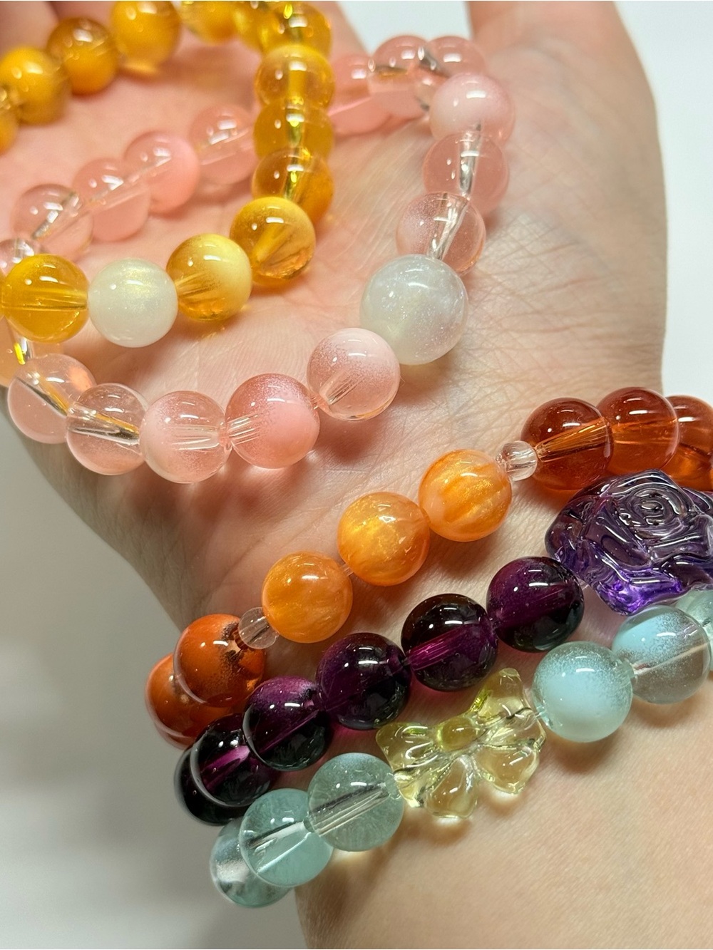 Handmade Glass Bead Stretch Bracelet Set - Pink, Aqua, Amber, Yellow, Purple